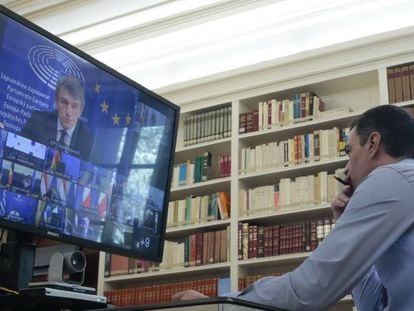 Pedro Sánchez, durante la reunión por videoconferencia del Consejo Europeo del pasado mes de junio. 
