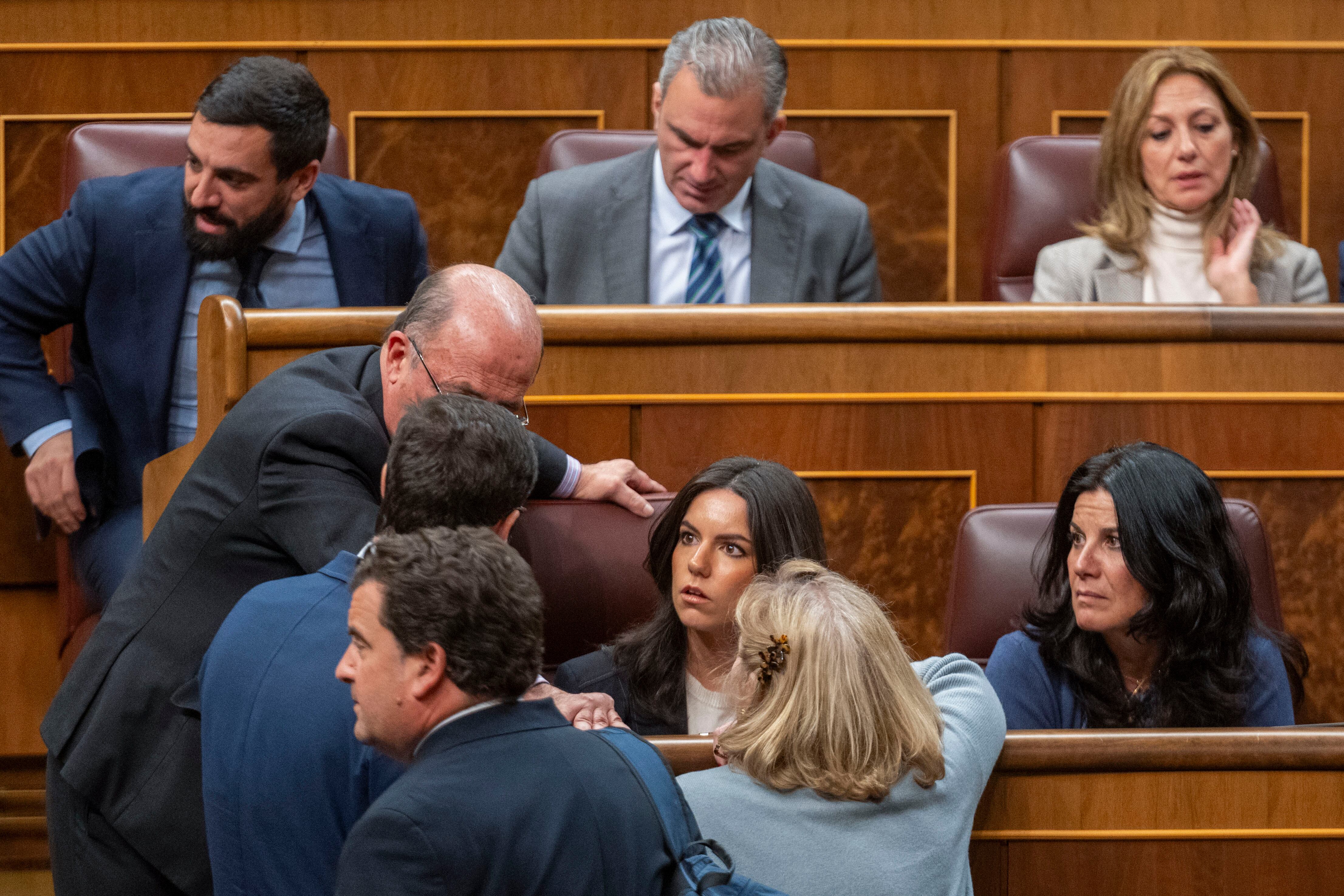 MADRID, 20/02/2024.- La portavoz parlamentaria de Vox, Pepa Millán (c) junto a compañeros del partido, antes del inicio del pleno del Congreso de los Diputados celebrado este martes en Madrid. EFE/ Fernando Villar
