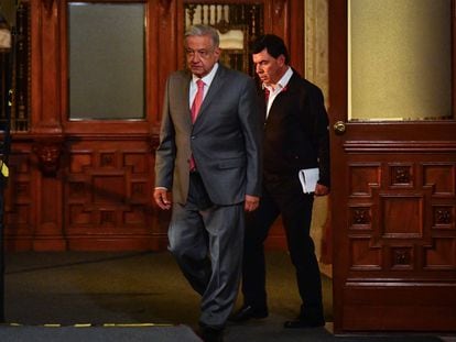 Andrés Manuel López Obrador a su llegada a la conferencia matutina de Palacio Nacional, el 3 de agosto de 2023.