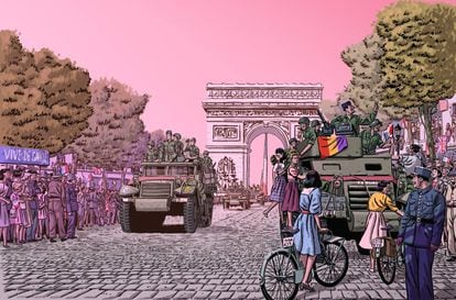 Ilustración de la novela gráfica, de Paco Roca, 'Los surcos del azar', que recrea la entrada de La Nueve a París.