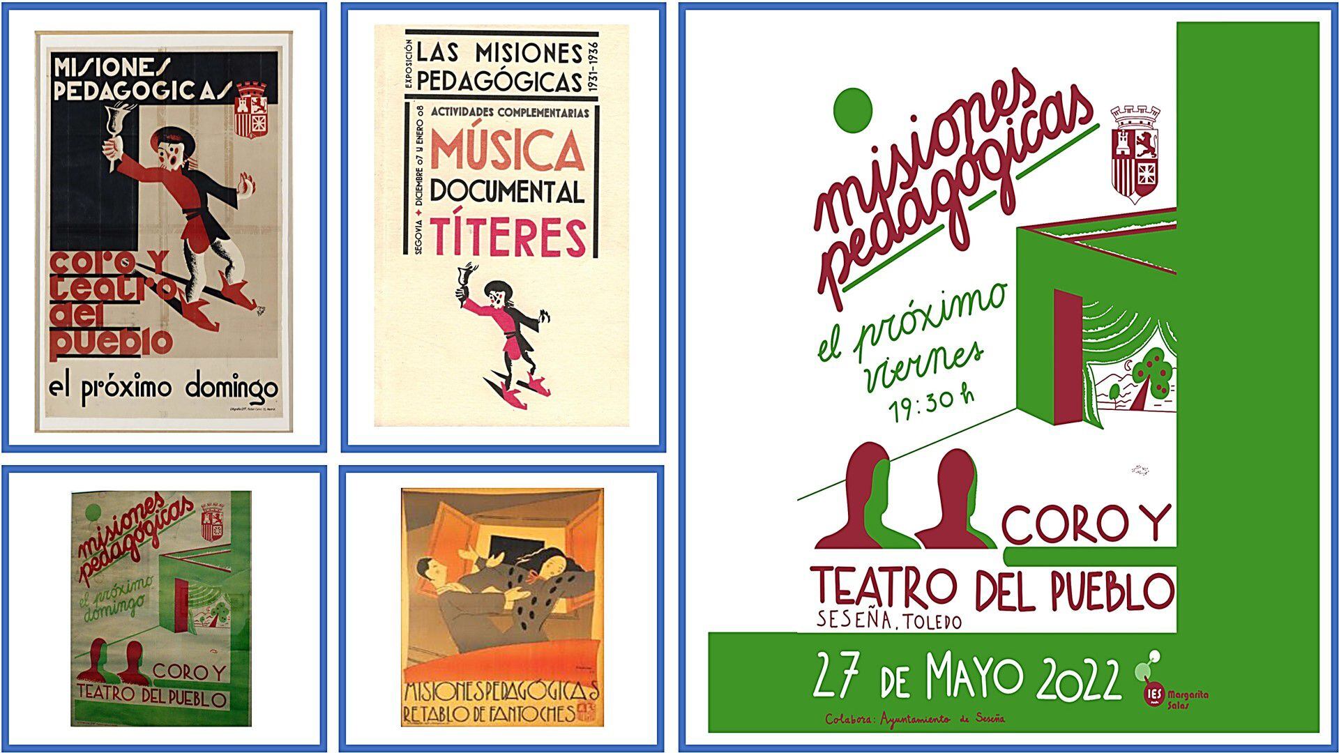 Carteles anunciadores de las visitas de las Misiones pedagógicas a distintas localidades y cartel anunciador del evento de recreación de la visita a Seseña, el 27 de mayo de 2023.  