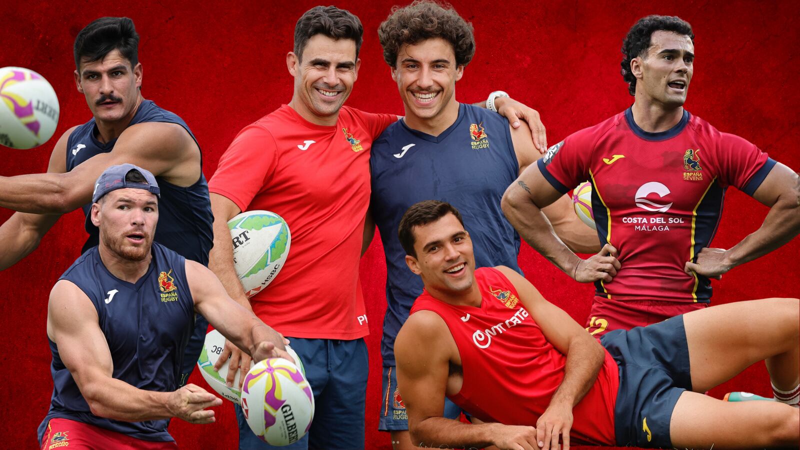 Varios de los jugadores y el entrenador de la selección española masculina de rugby 7