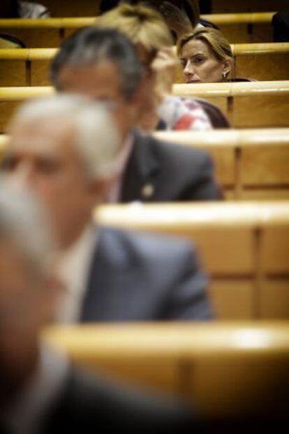 Marta Domínguez, al fondo, en su escaño en el Senado.