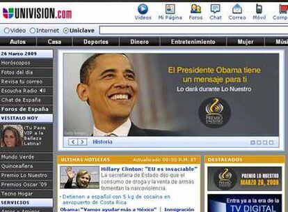 Imagen de la página 'web' de la cadena Univisión con el anuncio del mensaje del presidente Obama