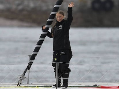 Greta Thunberg, la semana pasada, al partir en barco desde Plymouth (Inglaterra) hacia Nueva York.