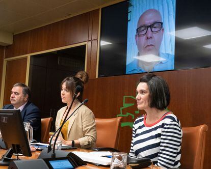 Oihana Goiriena (a la derecha), esposa de Pablo González, y su abogado, Gonzalo Boye (en la pantalla), intervienen este lunes en el Parlamento vasco.