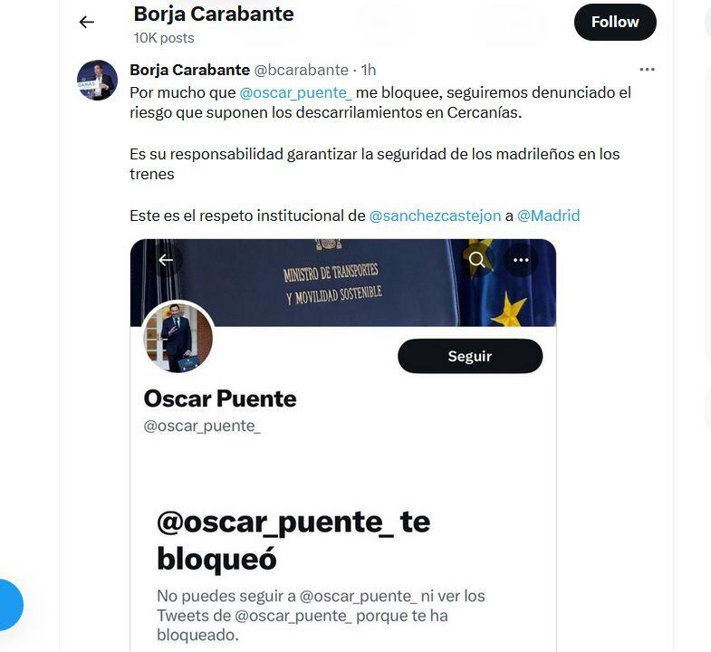 La queja de Borja Carabante al ser bloqueado en la red social X por el ministro Óscar Puente.