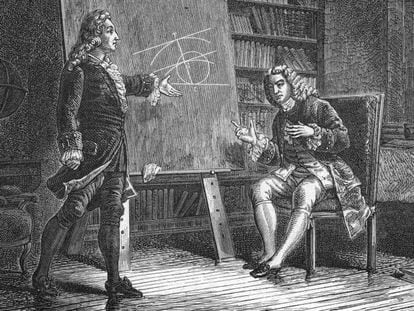 Jean and Jacques Bernoulli resolviendo probremas geométricos.