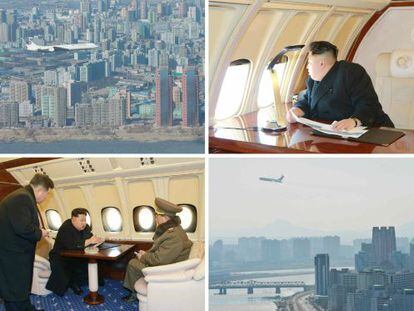 Imágenes difundidas por el Gobierno norcoreano de su líder Kim Jong-un en su nuevo jet privado sobrevolando Pyongyang.