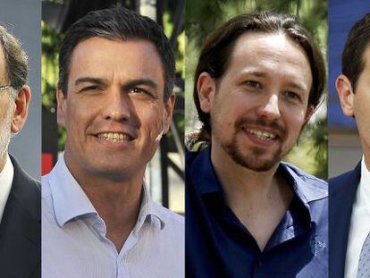 El presidente del Gobierno, Mariano Rajoy, el líder del PSOE, Pedró Sánchez, el líder de Podemos, Pablo Iglesias, y el presidente de Ciudadanos, Albert Rivera.