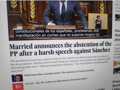 La imagen manipulada de la versión en inglés de EL PAÍS que circuló por redes sociales.