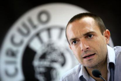 Luis Alegre, responsable de organización de Podemos, durante la asamblea de hoy.