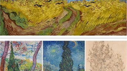 Composición con obras de Van Gogh expuestas en Amsterdam (arriba) y Nueva York (debajo).