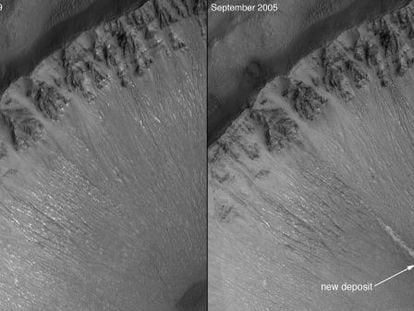 La comparació de les imatges de l'esquerra i la dreta, captades fa més d'una dècada per la sonda 'Mars Global Surveyor', ja suggerien que l'aigua flueix sobre Mart