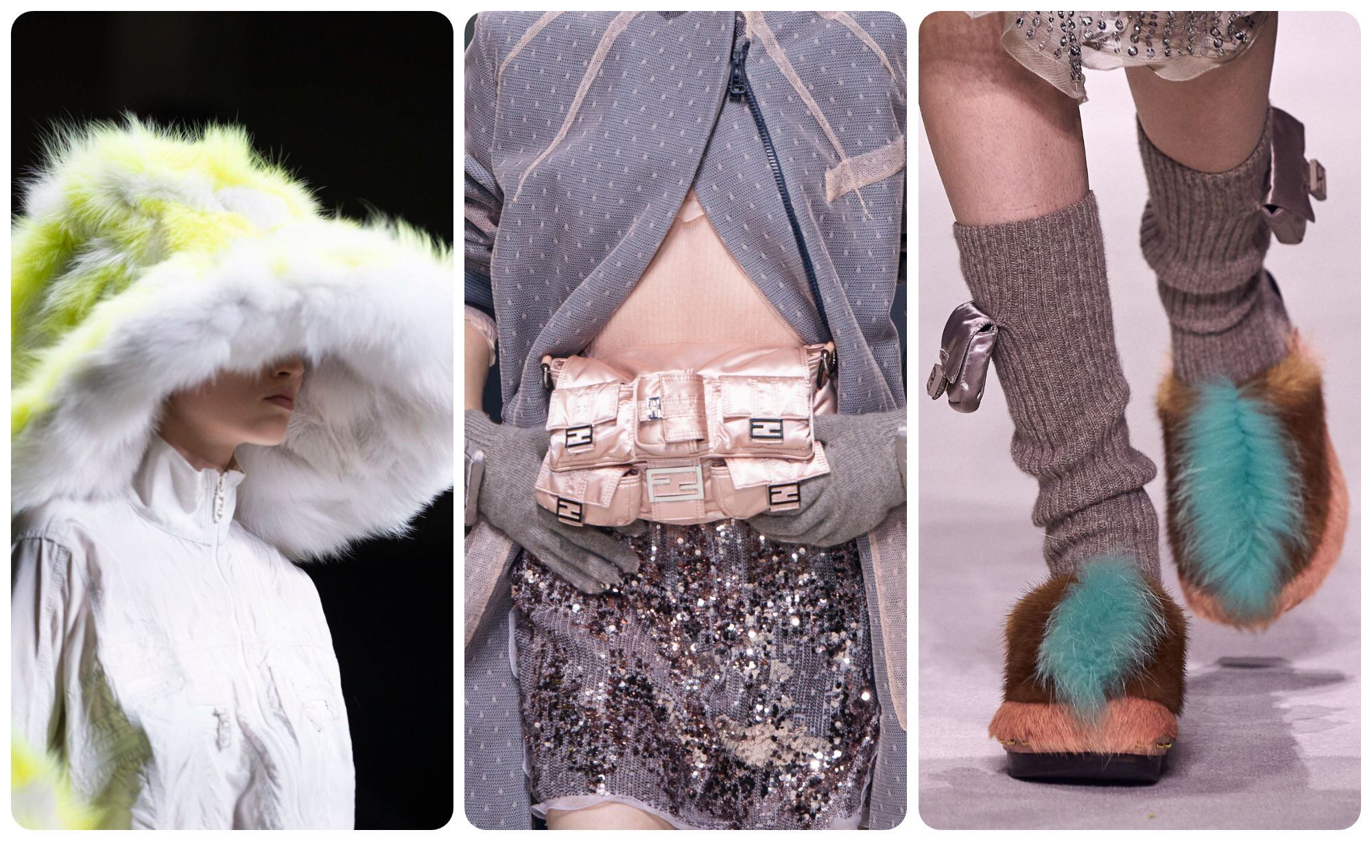 Tres detalles de las propuestas presentadas por Fendi en su desfile en la semana de la moda de Nueva York, el pasado 9 de septiembre.