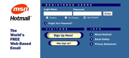 Portal de acceso al correo electrónico de Hotmail en noviembre de 1998.