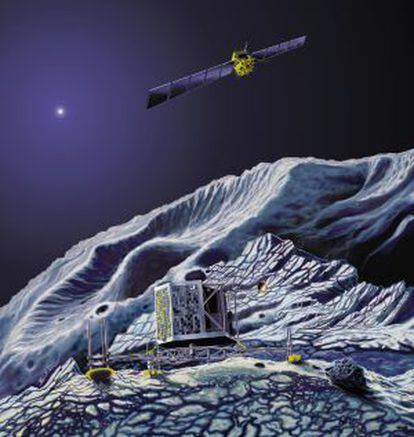 Ilustración de la nave 'Rosetta' en órbita del cometa y la sonda 'Philae' en el suelo.
