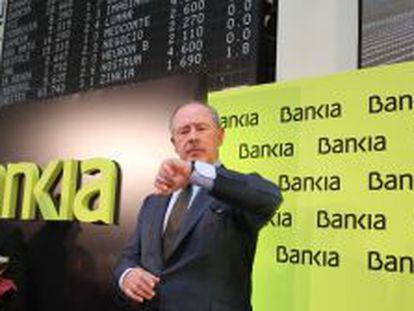 El ex presidente de Bankia, Rodrigo Rato, durante el acto de estreno burs&aacute;til de la entidad.