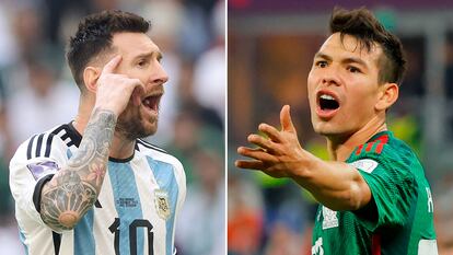 Los jugadores de las selecciones de Argentina y México, Lionel Messi e Hirving Lozano, durante el Mundial de Qatar.