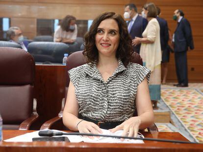 La presidenta de la Comunidad de Madrid, Isabel Díaz Ayuso, en la sesión de control al Gobierno en la Asamblea de Madrid.