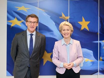 El presidente del PP, Alberto Núñez Feijóo, durante su reunión con la Presidenta de la Comisión europea, Ursula von der Leyen, este miércoles en Bruselas.