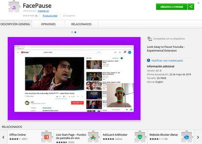 Ahora nos dirigimos al Chrome Web Store, e instalamos una extensión llamada FacePause. Podemos descargarla pulsando sobre la imagen adjunta. Una vez instalada la extensión, podremos activar el uso de la webcam.