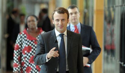 El ministro de Economía francés, Emmanuel Macron, el miércoles antes de su comparecencia
