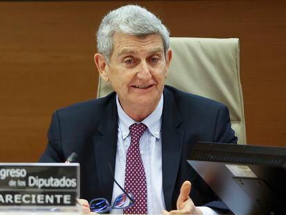 El presidente de RTVE, José Manuel Pérez Tornero, durante una comparecencia en el Congreso, el 28 de abril.