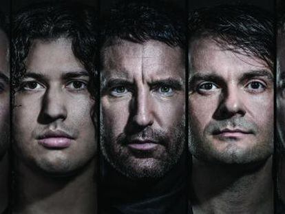 De izquierda a derecha Nine inch nails lo forman Josh Eustis, Ilan Rubin, Trent Reznor, Alessandro Cortini y Robin Finck.