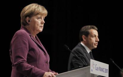 Merkel y Sarkozy durante la cumbre del G-20