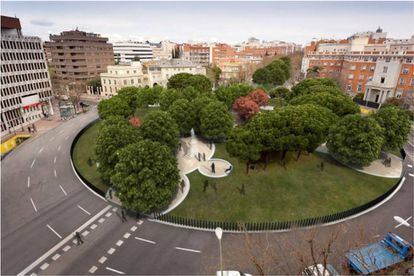 Propuesta para transformar el centro de la glorieta del Marqués de Salamanca en una zona ajardinada en la que desembocaría el bulevar de Príncipe de Vergara. |