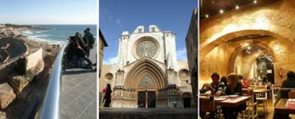 De izquierda a derecha, el anfiteatro romano,  la portada gótica de la catedral y el interior de la cervecería La Nau, situada en la calle homónima cerca de la Via Augusta.