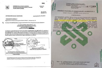 A la derecha, el documento de "Autorización de uso y habitabilidad" firmado por los tres funcionarios. A la derecha, el que certifica que el hermano de Víctor Mendoza, el diputado del PAN Luis Alberto Mendoza, tiene un departamento en City Towers. 