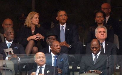 La primer ministro danés Helle Thorning-Schmidt, el presidente de EE.UU., Barack Obama y la primera dama Michelle Obama.