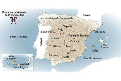 Mapa de las ciudades españolas patrimonio de la Humanidad.