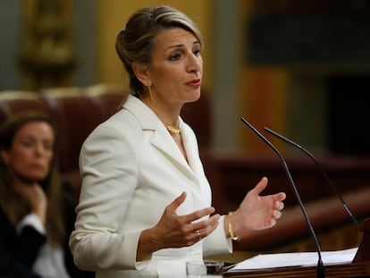 La vicepresidenta del Gobierno, Yolanda Díaz, en su réplica a Ramón Tamames, durante la moción de censura, este martes en el Congreso.