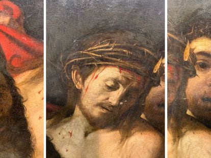 El 'eccehomo' de Madrid representa a Jesús torturado en una composición donde aparecen varios personajes. Diversos detalles técnicos en la ejecución de esta pintura avalan la autoría de Caravaggio, según los expertos.