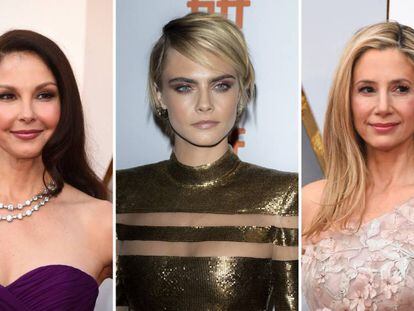 De izquierda a derecha: Ashley Judd, Cara Delevigne y Mira Sorvino en 2018. 