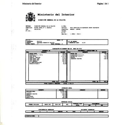 &Uacute;ltima n&oacute;mina de un Polic&iacute;a Nacional. Cobra un complemento por vivir en Madrid. Este mes le han quitado la mitad de la extra de junio y en diciembre se la suprimir&aacute;n entera. Desde que empez&oacute; la crisis ha perdido 4.000 euros. 