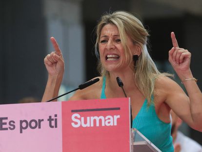 Yolanda Díaz, candidata de Sumar a las elecciones del 23-J, en Madrid durante un momento de la campaña.