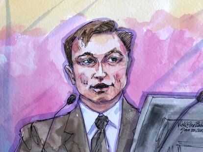 Bosquejo de Elon Musk en una corte federal de San Francisco, durante su comparecencia el pasado 20 de enero.