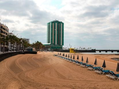 Arrecife Grand Hotel and  beach Playa del Reducto with gold sand  in Arrecife capital of Lanzarote Island.