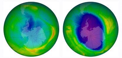 Diferencia entre la capa de ozono en 1979 y 2009 en una imagen de la NASA de ese último año. 