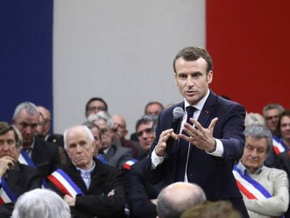 El presidente de Francia, Emmanuel Macron, durante un acto celebrado en Souillac, en el sur, para lanzar su iniciativa de debate nacional.