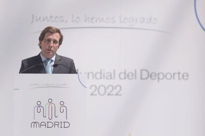 El alcalde José Luis Martínez-Almeida en el Ayuntamiento de Madrid durante el acto de celebración por la proclamación de la ciudad como "capital mundial del deporte 2022", celebrado el pasado jueves.