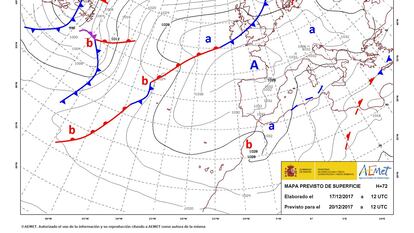 Imagen de la AEMET donde se observa el Anticiclón de la Azores.