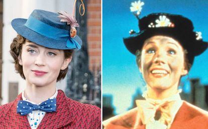 Emily Blunt y, a la derecha, Julie Andrews, ambas en el papel de Mary Poppins. 