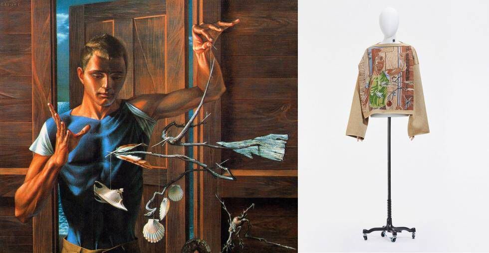 'The Inventor' de Paul Cadmus, y prenda de la colección masculina primavera/verano 2021 de Loewe que reproduce la pintura empleando la técnica 'jacquard'.
