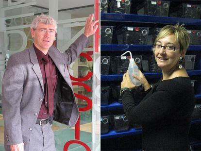 Rüdiger Klein, en el Instituto de Neurociencias de Alicante (izquierda), y Ángela Nieto ante las peceras de peces cebra de su laboratorio.