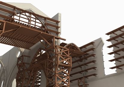 Reconstrucción virtual de los andamios para construir los pilares y los arcos y las plataformas creadas sobre los mechinales para ir levantando las paredes de Santa Maria del Mar